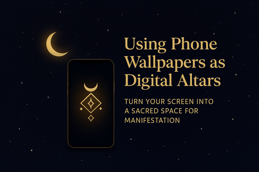 Phone wallpaper with moon, stars, and text about using digital altars for manifestation.